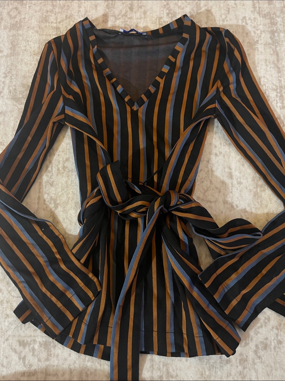 Zara Black, Rust & Slate Striped Wrap Blouse